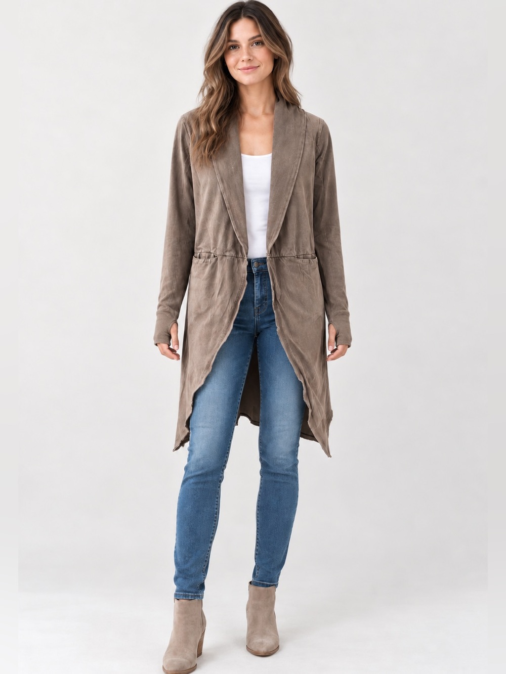Tigha Cotton Longline Cardigan Jacket Gray Draped Thumbhole Sleeves Size L